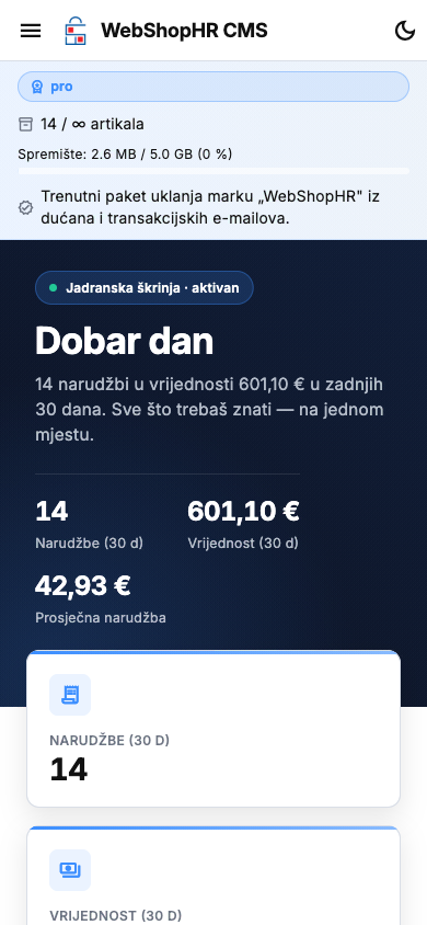 WebShopHR CMS nadzorna ploča na mobitelu